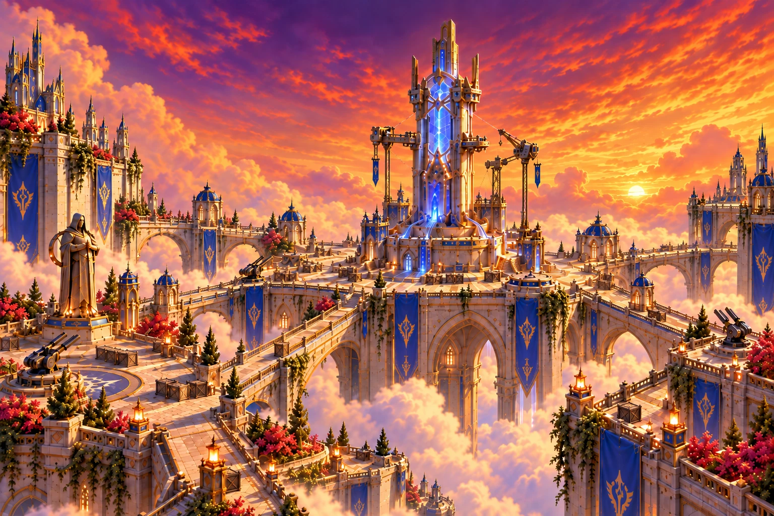 Warm sunset over the crystal tower and bridges of Veyra Strike's floating city